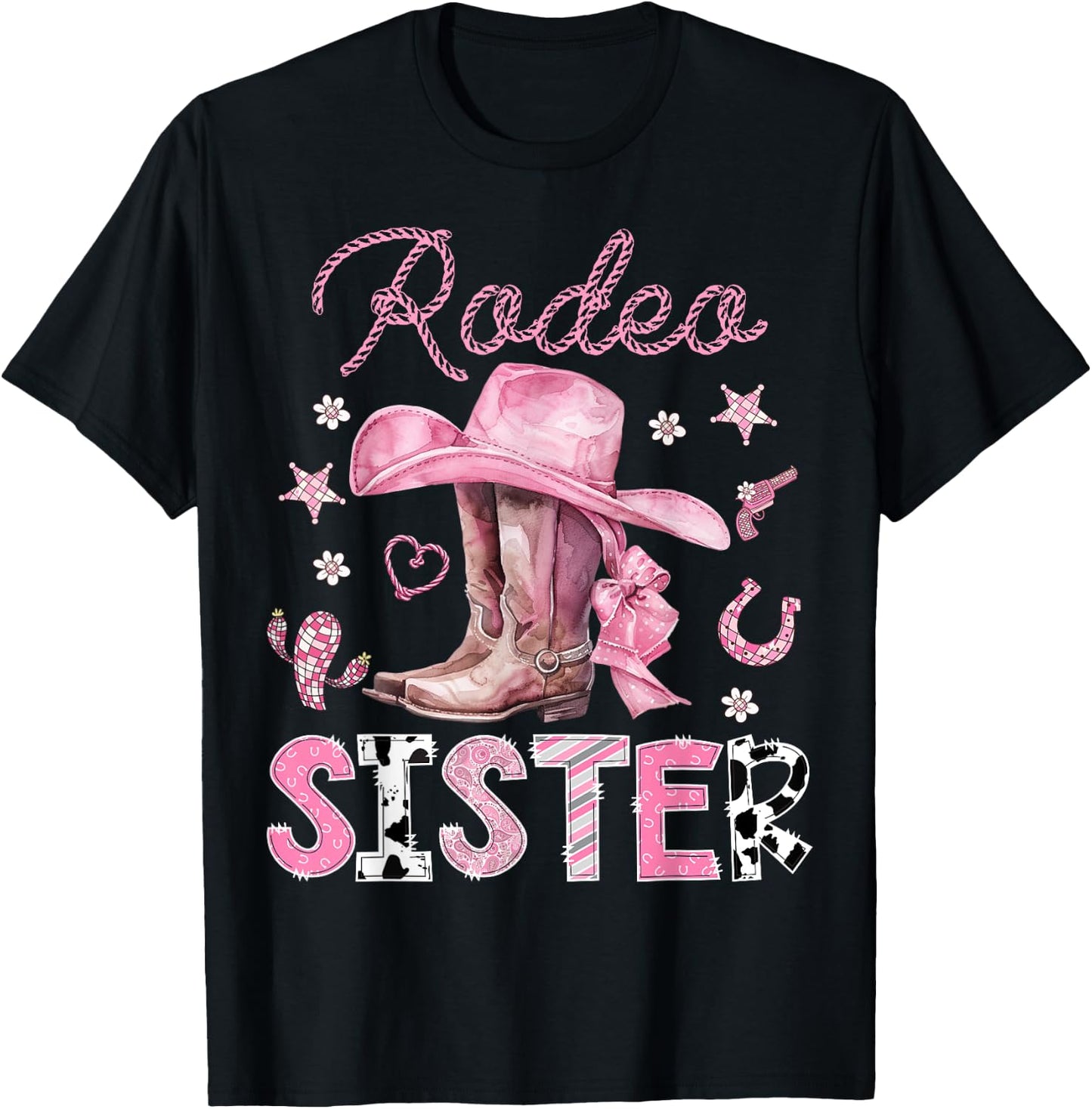 Rodeo Sister Pink Boots Coquette CowGirl 1St Birthday T-Shirt - T-Shirt | Black