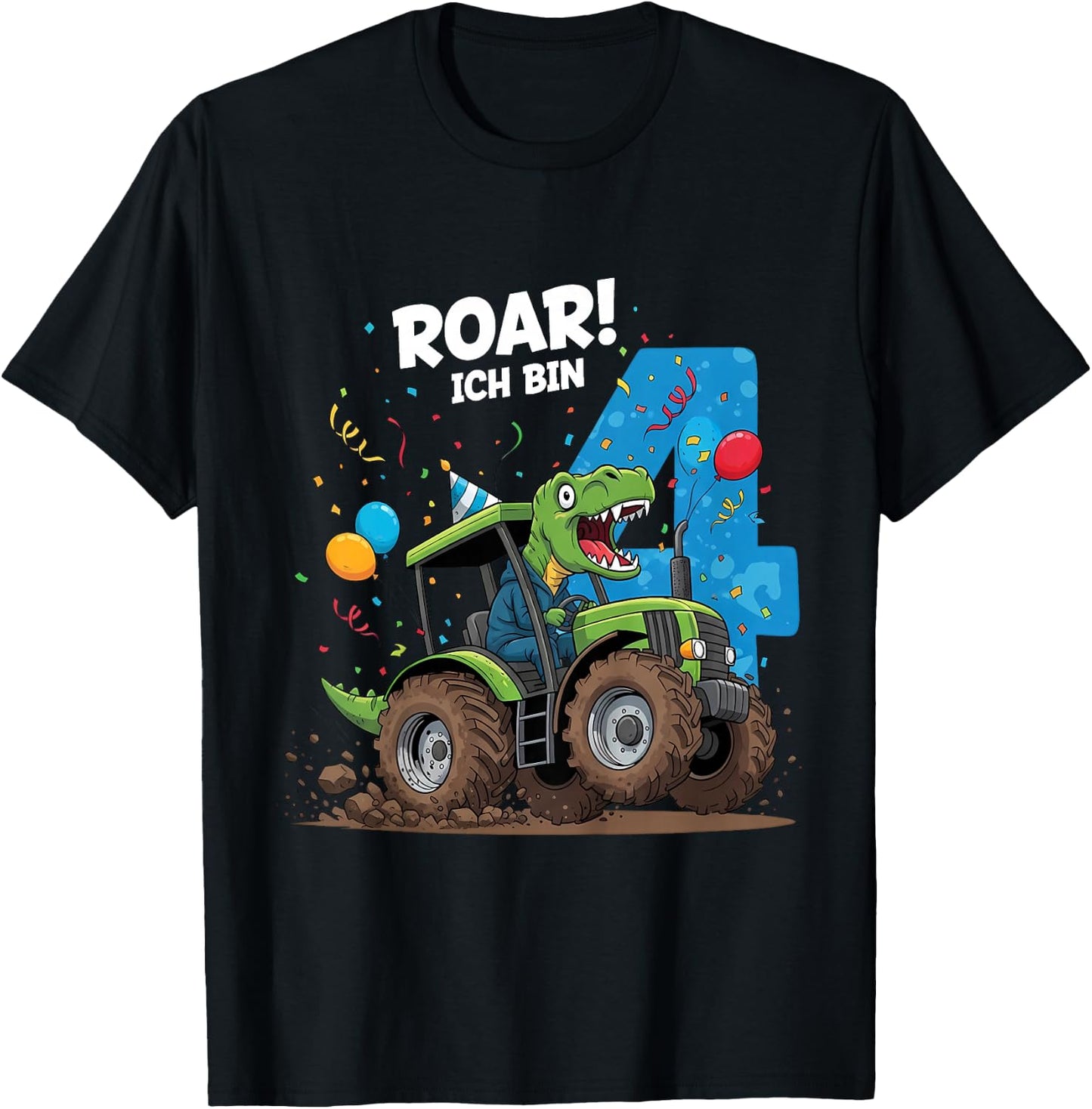 Kinder Dinosaurier Traktor Kinder Geburtstag 4 Jahre Junge T-Shirt - T-Shirt | Black
