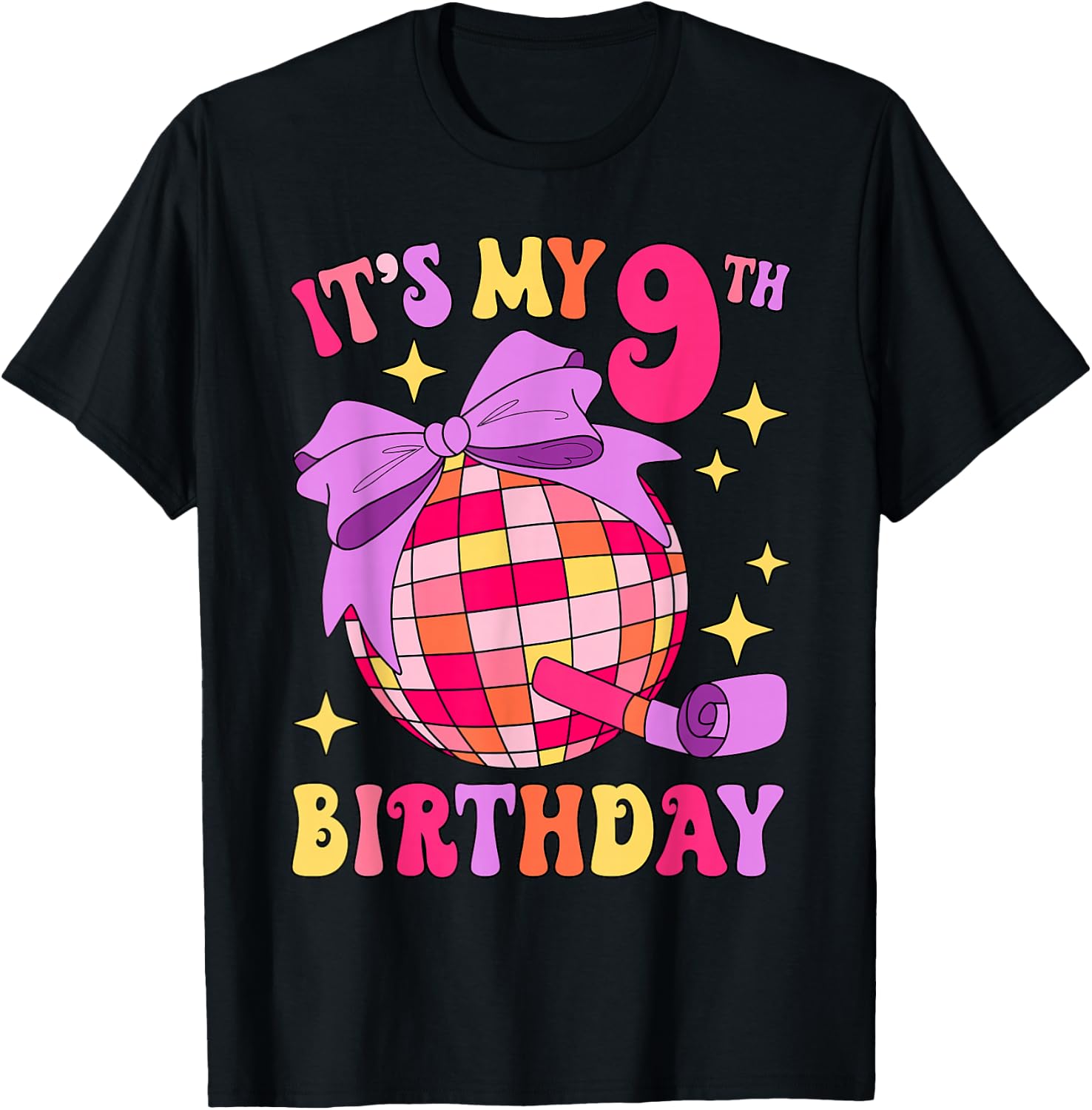 It's My 9th Birthday Disco Bow Party 9 Years Old Kids Girls T-Shirt - T-Shirt | Black