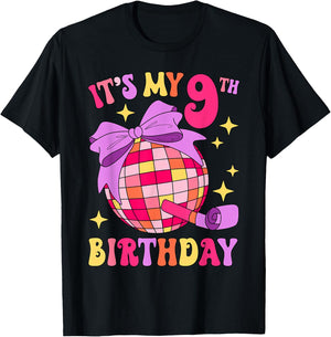 It's My 9th Birthday Disco Bow Party 9 Years Old Kids Girls T-Shirt - T-Shirt | Black
