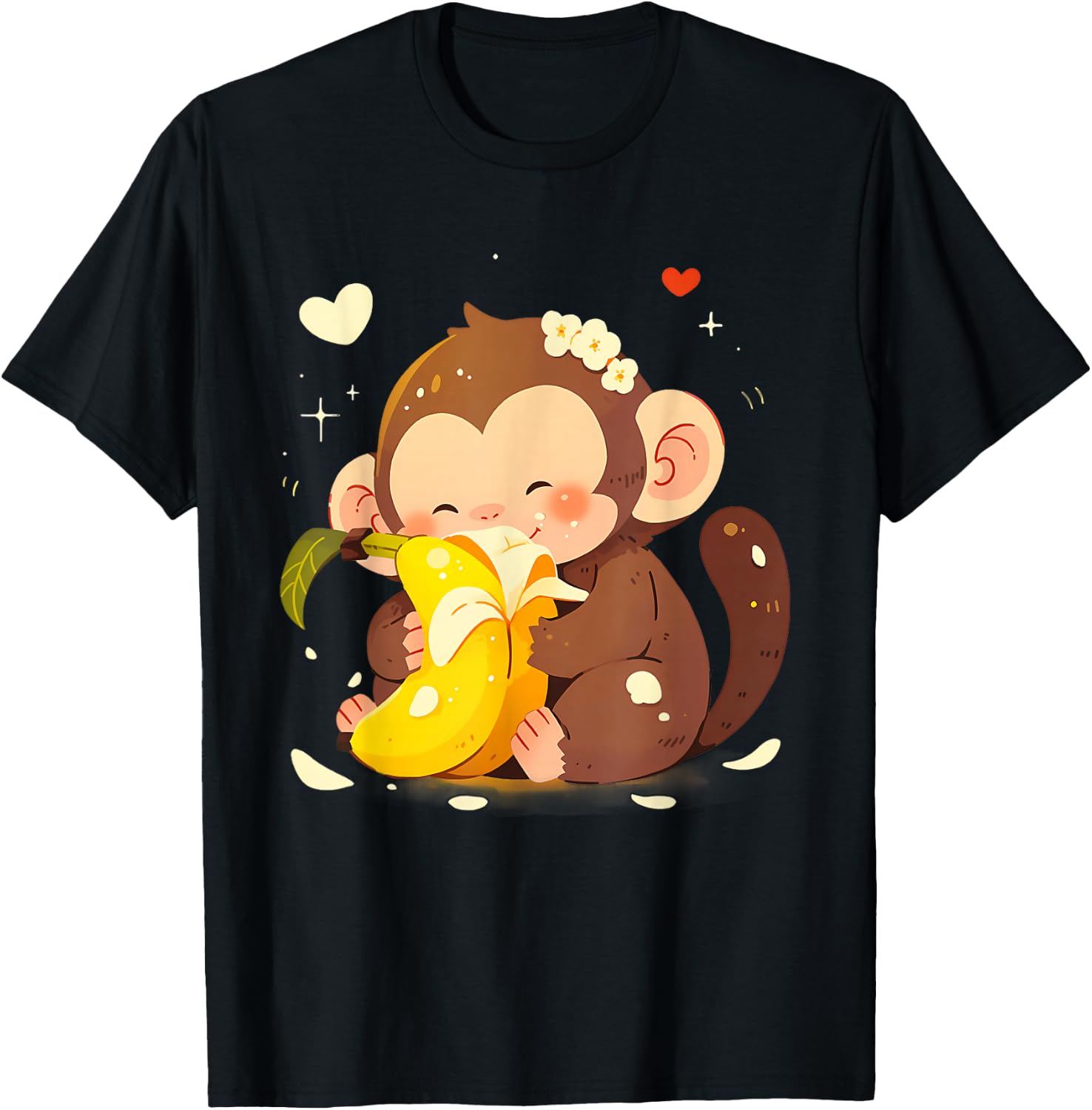 Banana Monkey Cute Monkey Drawing Bananas Fruit Wildlife T-Shirt - T-Shirt | Black