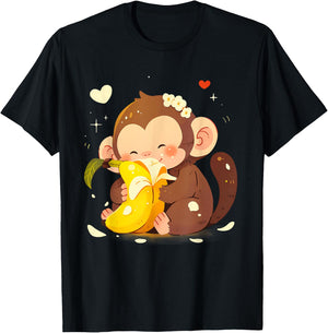 Banana Monkey Cute Monkey Drawing Bananas Fruit Wildlife T-Shirt - T-Shirt | Black