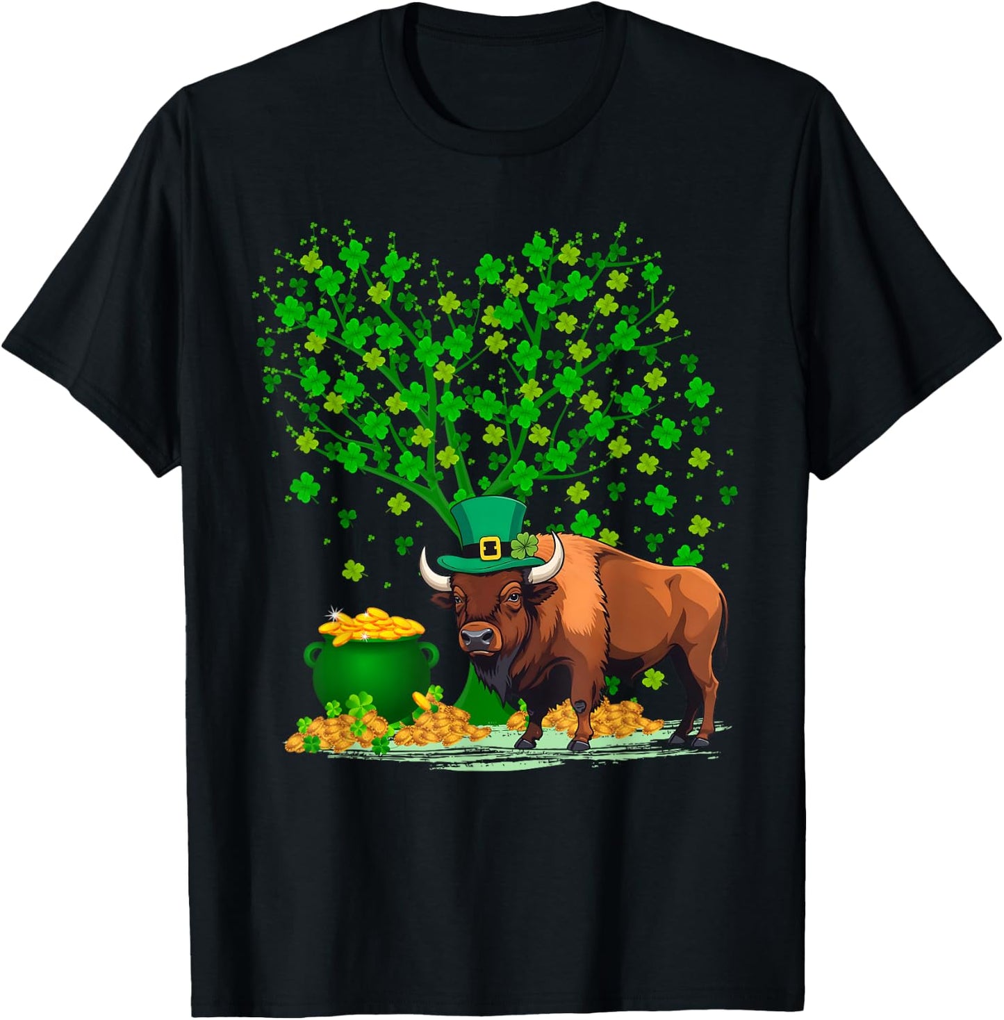 Shamrock Tree Leprechaun Hat Bison St Patrick's Day T-Shirt - T-Shirt | Black