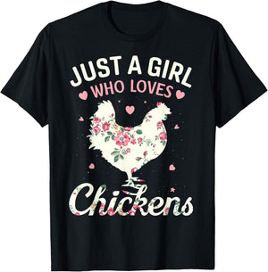 Just A Girl Who Loves Chickens, Floral Farmer Girl Gifts T-Shirt - T-Shirt | Black