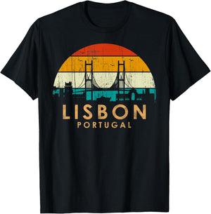 Vintage Retro Style Landscape Sunset Capital Lisbon Portugal T-Shirt - T-Shirt | Black