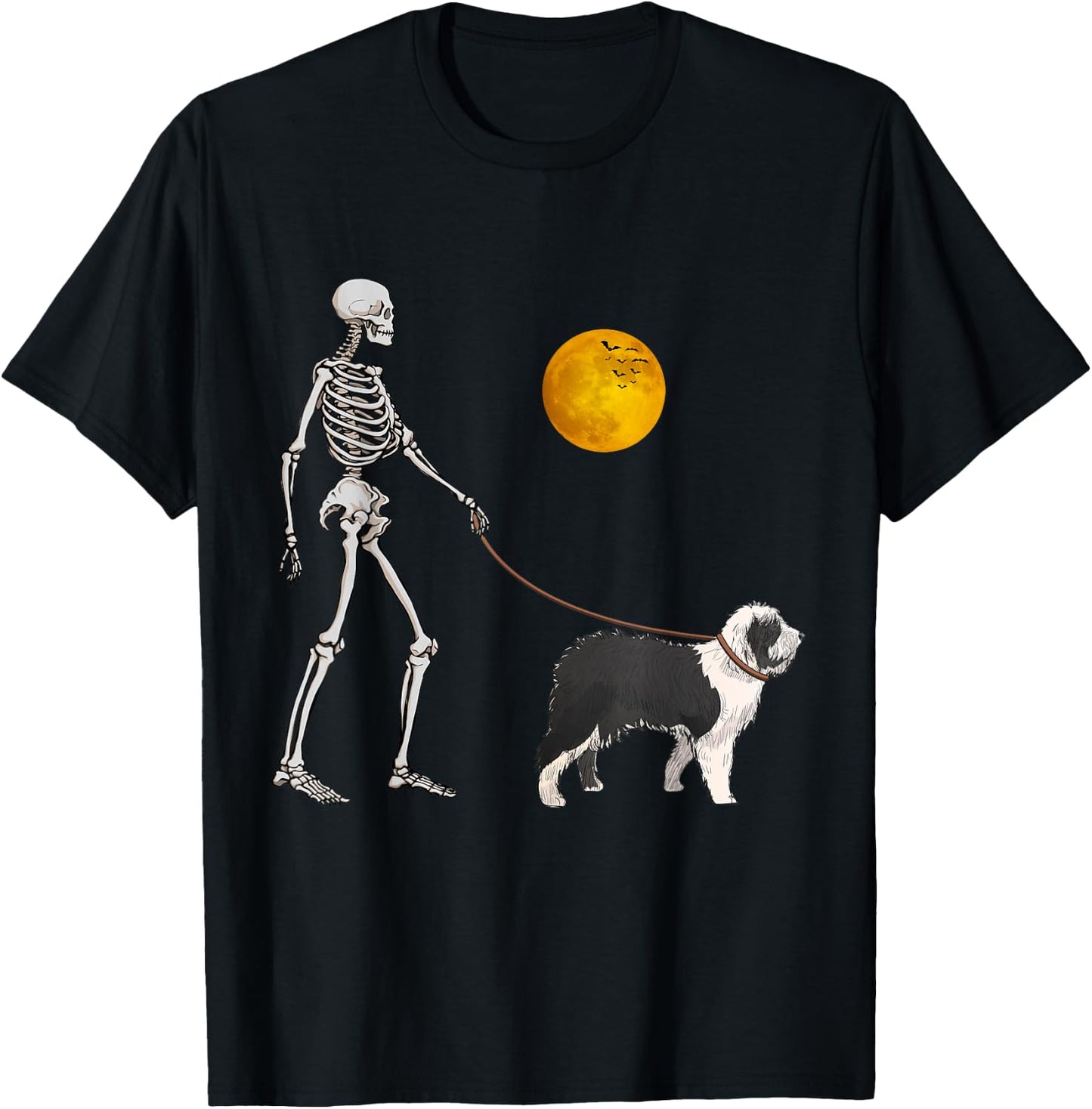 Old English Sheepdog Skeleton Dog Walking Halloween Costume T-Shirt - T-Shirt | Black