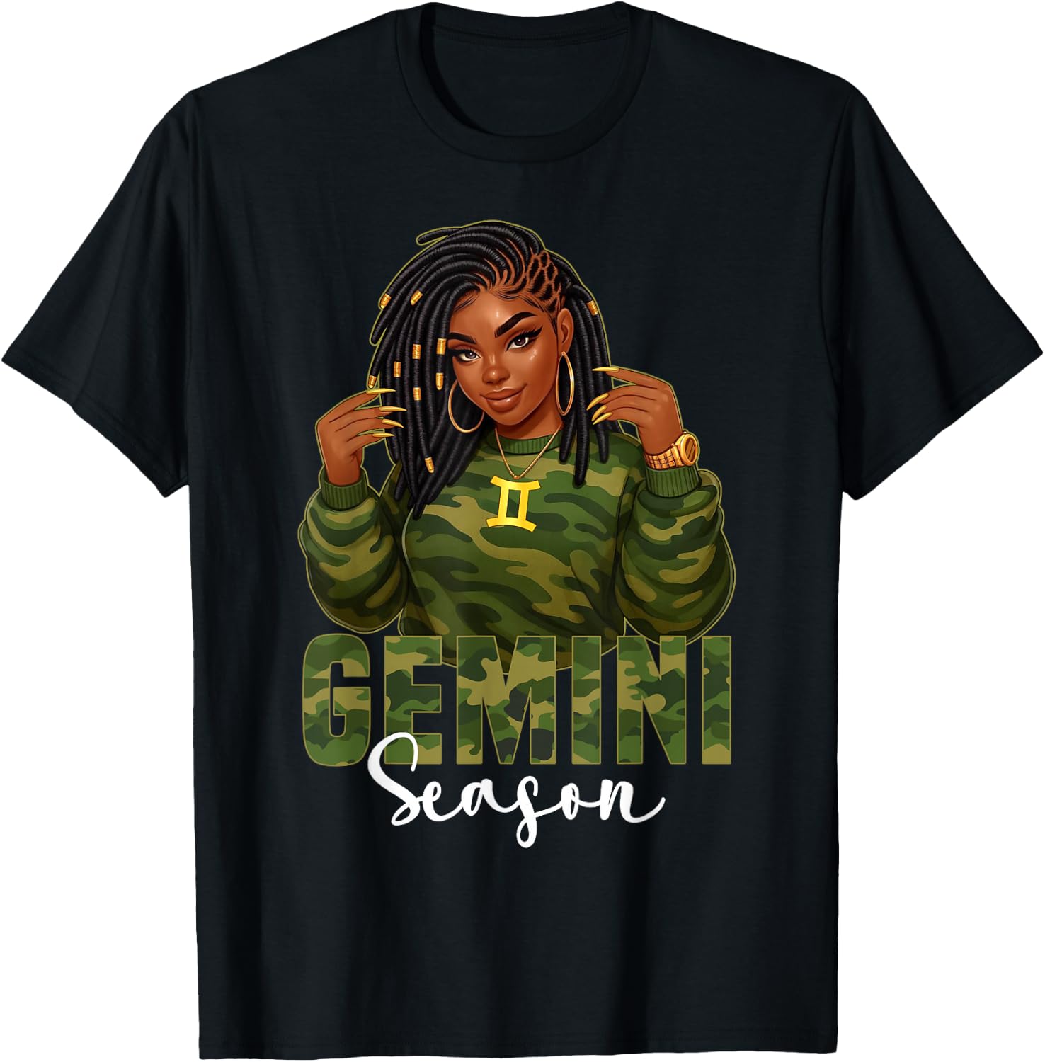 Gemini Season Loc'd Black Woman Camo Zodiac Sign T-Shirt - T-Shirt | Black