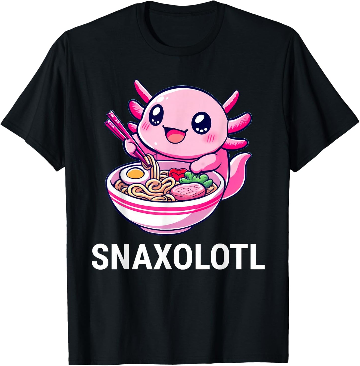 Snaxolotl Axolotl Eating Ramen Noodles Kawaii T-Shirt - T-Shirt | Black