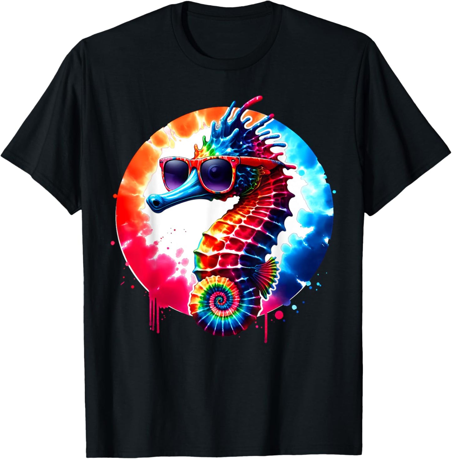 Cool Graphic Tie Dye Sunglasses Seahorse Illustration Art T-Shirt - T-Shirt | Black