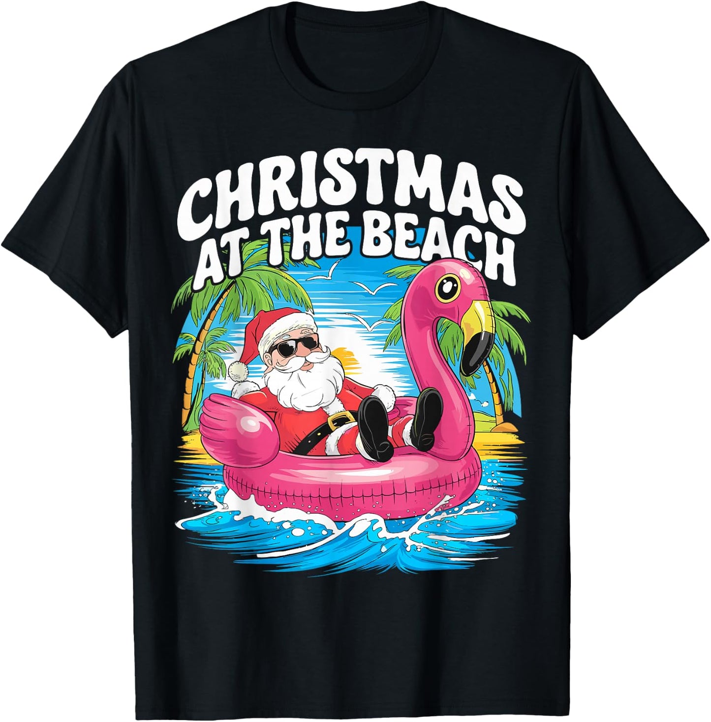 Flamingo Float Santa Claus Christmas At The Beach T-Shirt - T-Shirt | Black