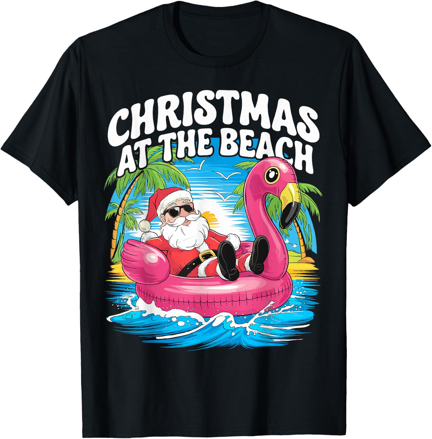 Flamingo Float Santa Claus Christmas At The Beach T-Shirt - T-Shirt | Black