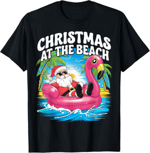 Flamingo Float Santa Claus Christmas At The Beach T-Shirt - T-Shirt | Black