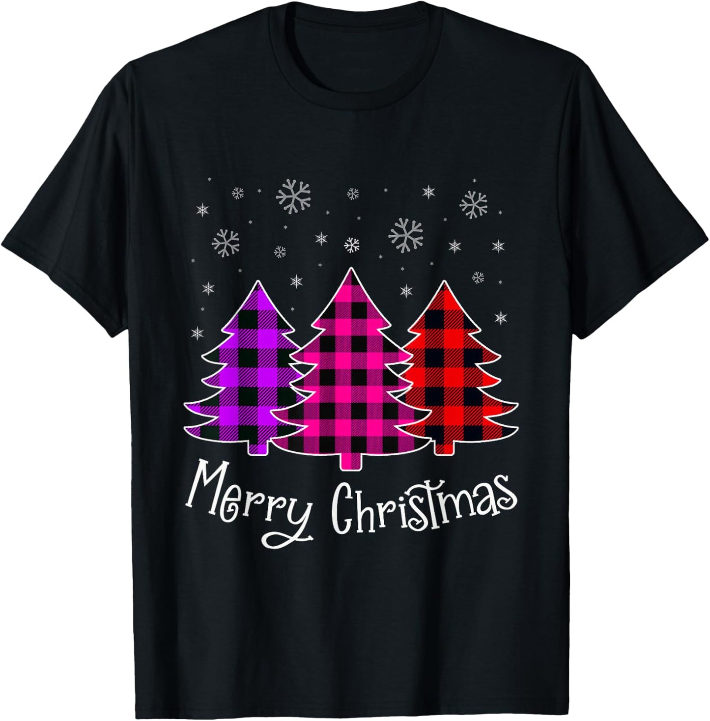 Merry Christmas Tree With Buffalo Pink Plaid Women Girl Teen T-Shirt - T-Shirt | Black
