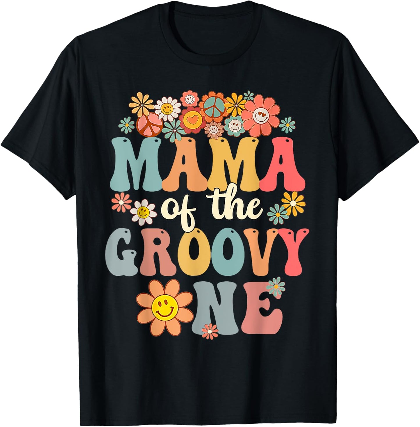 Retro Mama of Groovy One Matching Family 1st Birthday Party T-Shirt - T-Shirt | Black