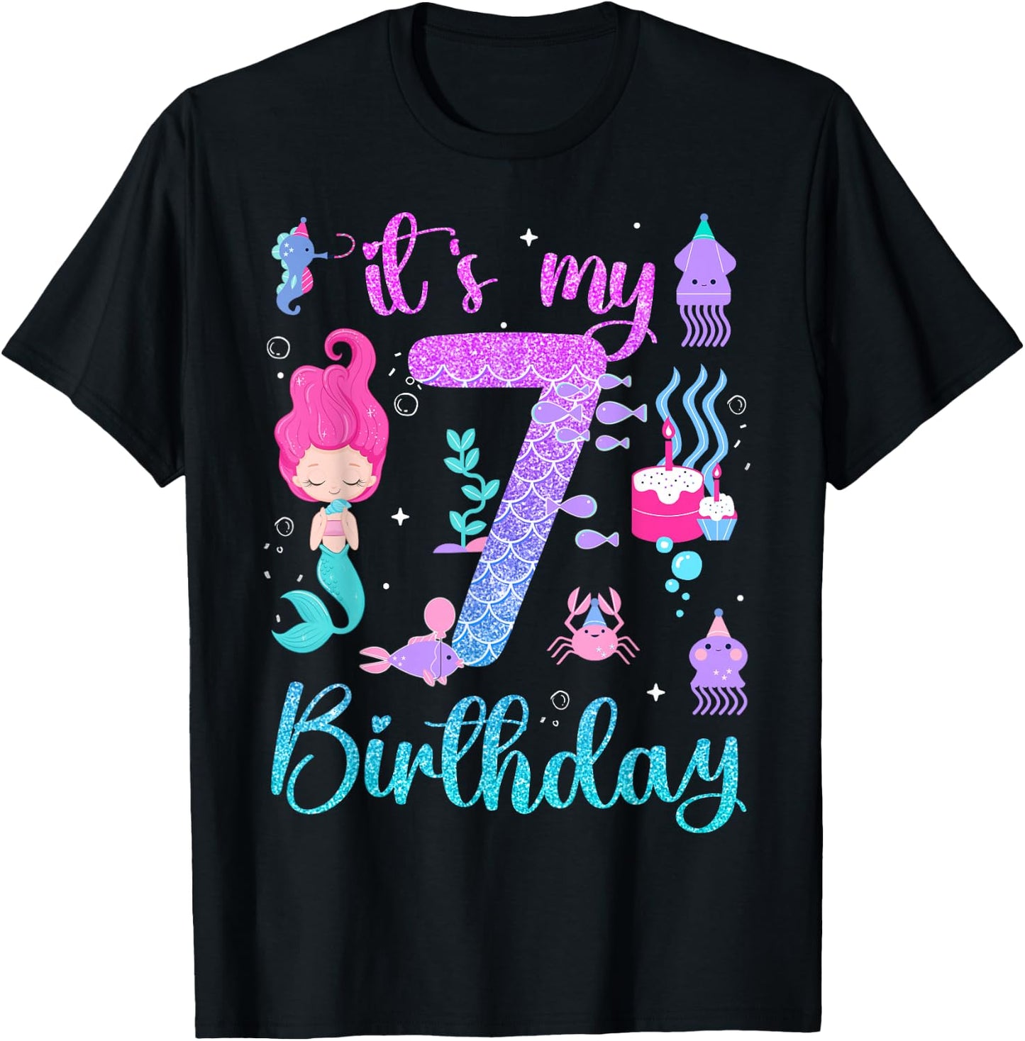 Mermaid Birthday Girls 7 Years Old Its My 7th Bday Mermaid T-Shirt - T-Shirt | Black