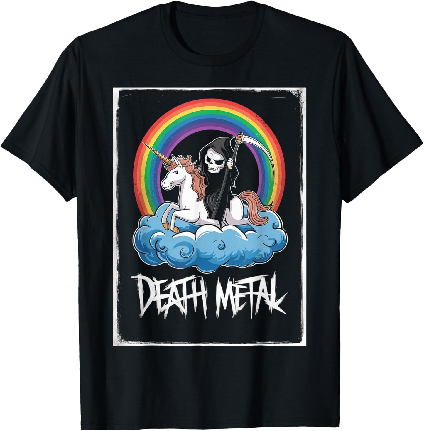 Grim Reaper Rides Unicorn Under Rainbow Death Metal Rocker T-Shirt - T-Shirt | Black
