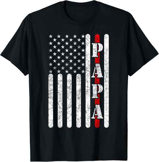 Proud Papa Fathers Day 2021 Red Line Flag Firefighter Funny T-Shirt - T-Shirt | Black