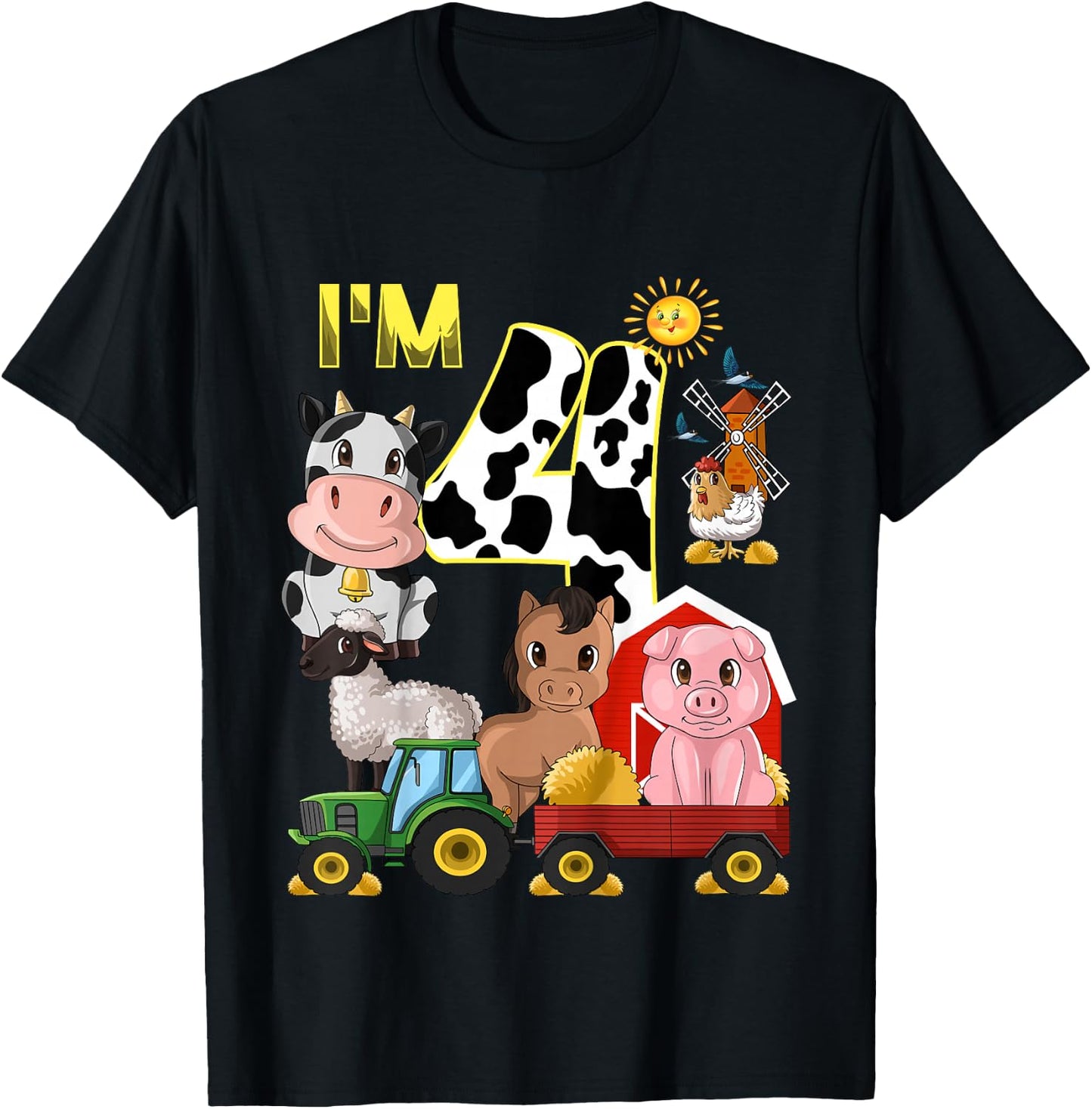 Kids Farm Animals Tractor 4th Birthday 4 Year Old Birthday Party T-Shirt - T-Shirt | Black