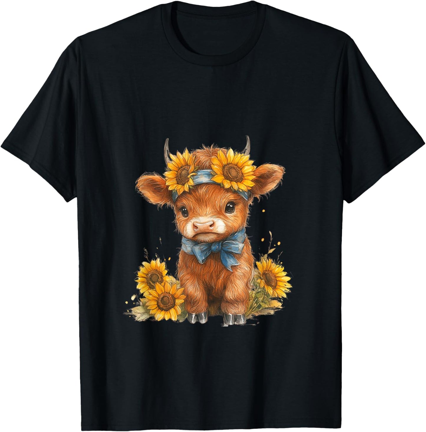 Cute Highland cow with sunflowers country Heifer Farm Farmer T-Shirt - T-Shirt | Black