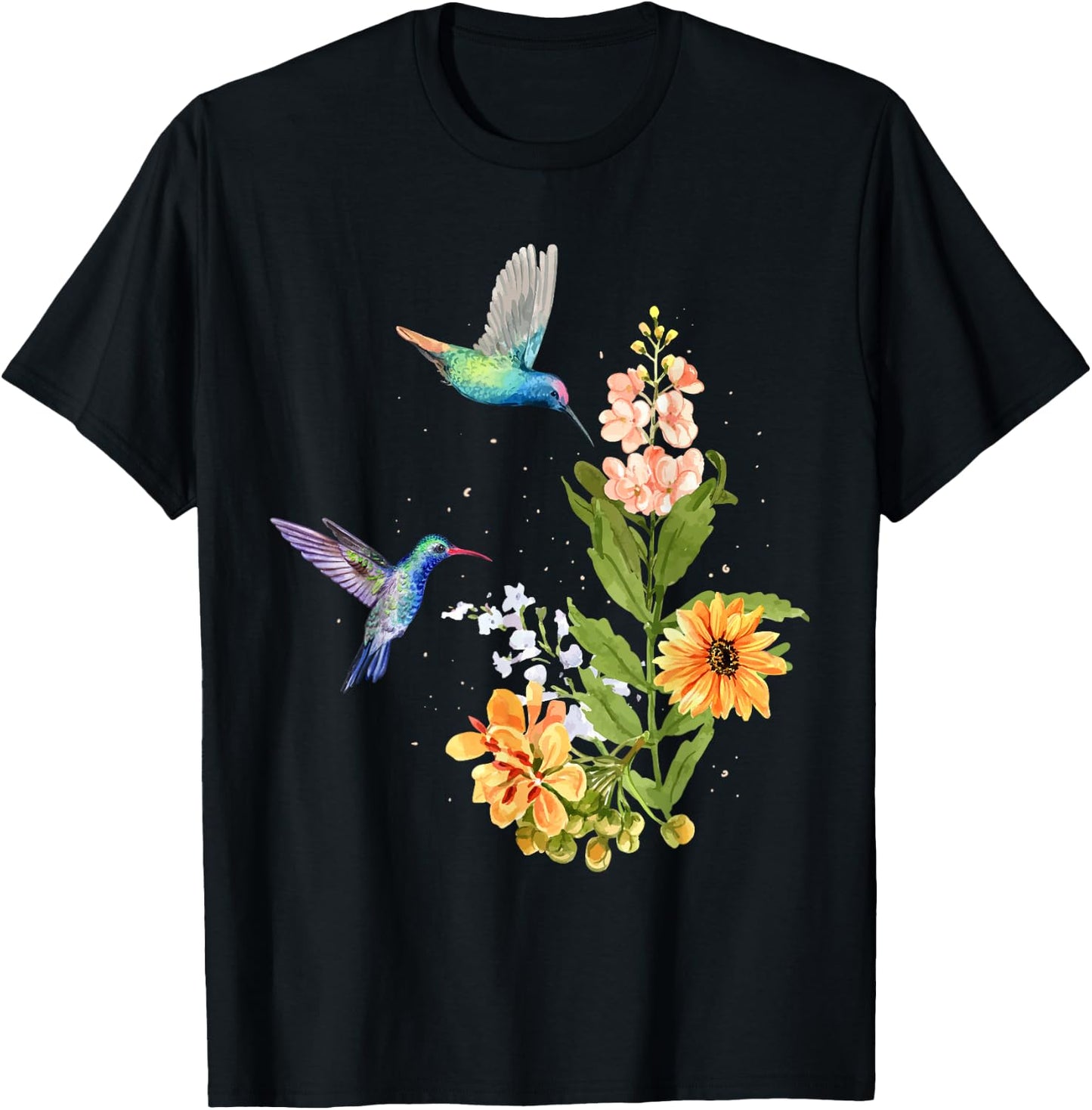 Hummingbird and Flower Watercolor Art Design Bird T-Shirt - T-Shirt | Black