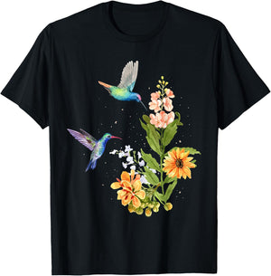 Hummingbird and Flower Watercolor Art Design Bird T-Shirt - T-Shirt | Black