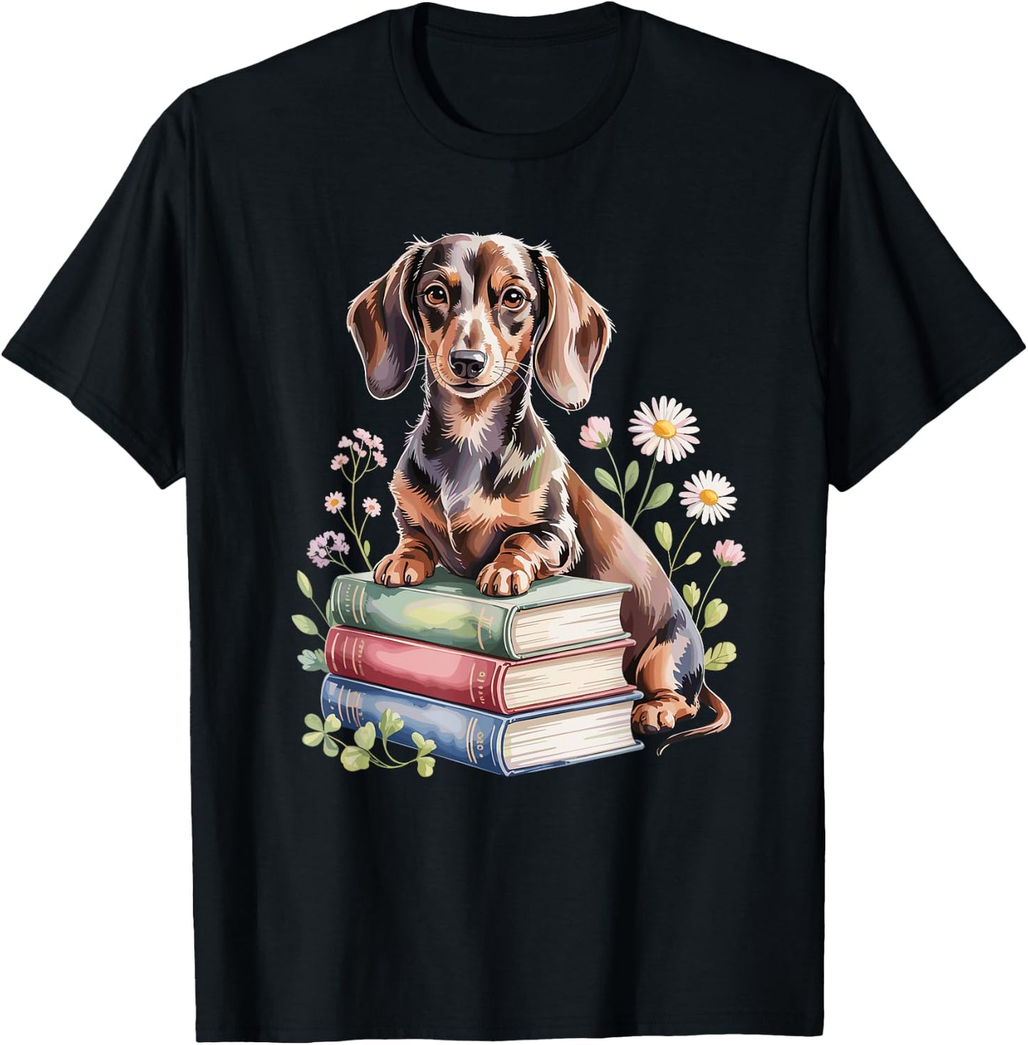 Dachshund Dachshunds Doxie Bookworm Flowers Book Reading T-Shirt - T-Shirt | Black