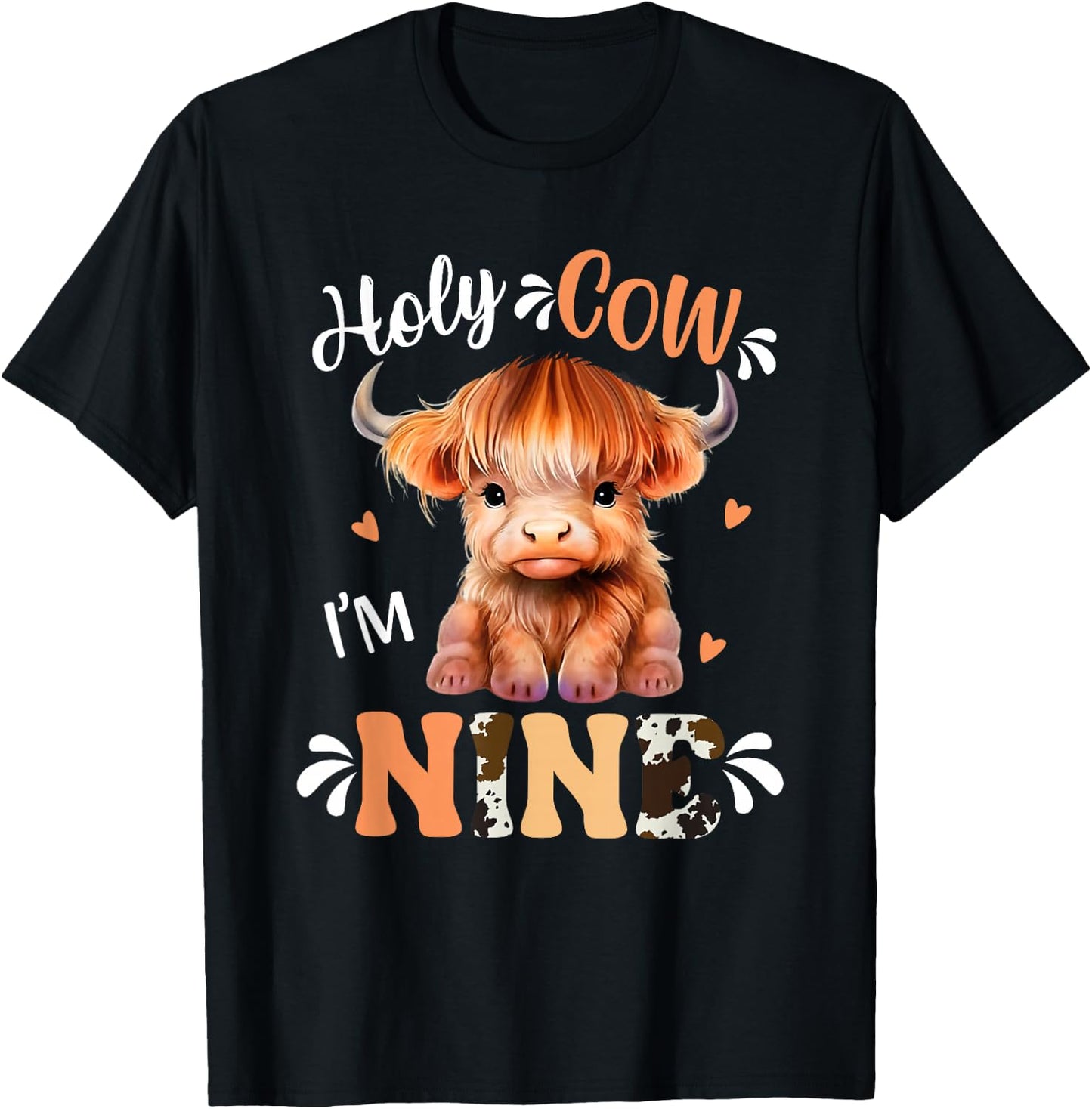 Holy Cow Im Nine Scottish Highland Cow Print 9th Birthday T-Shirt - T-Shirt | Black