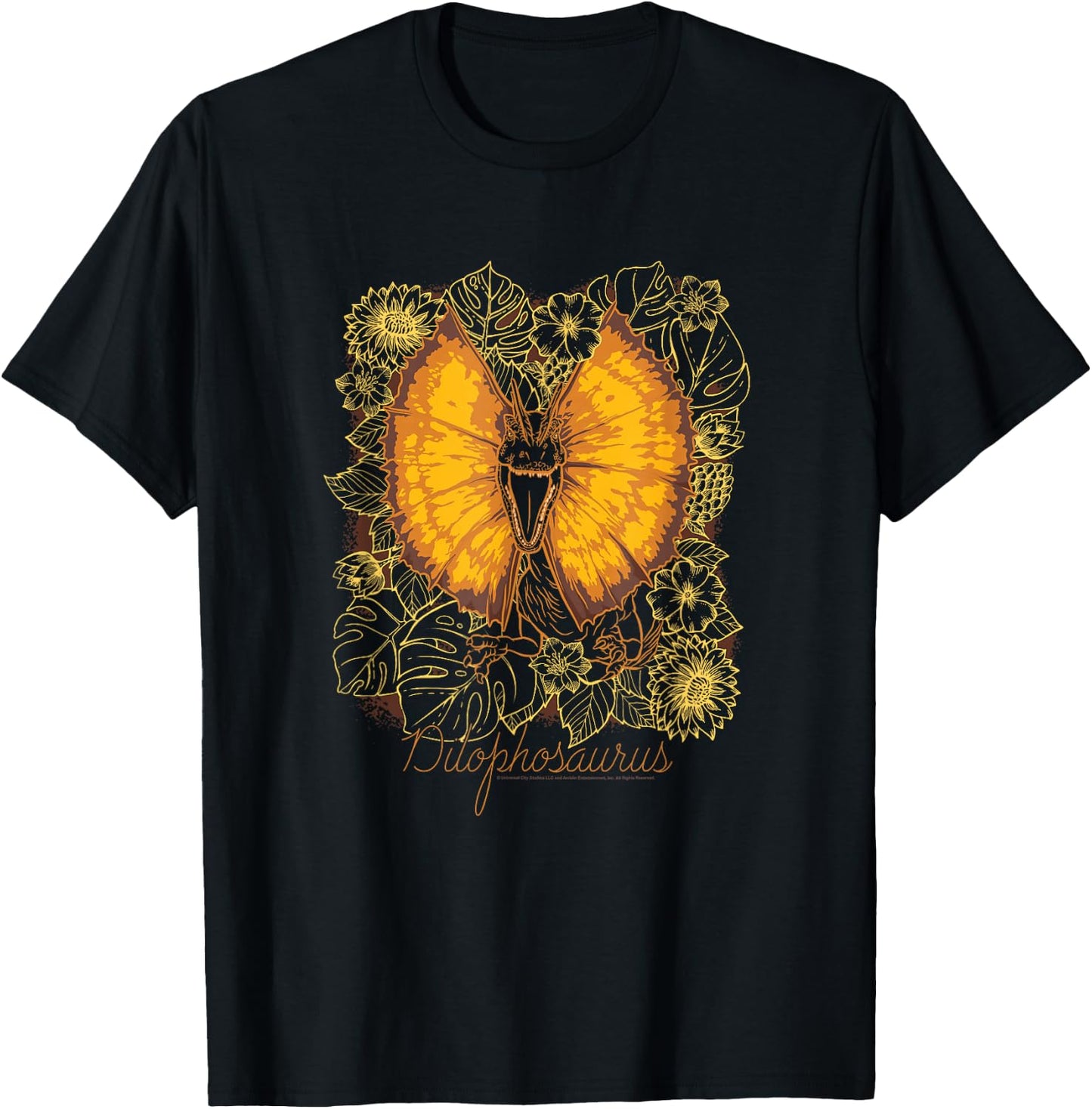 Jurassic World Dominion Floral Dilophosaurus Line Art Retro T-Shirt - T-Shirt | Black