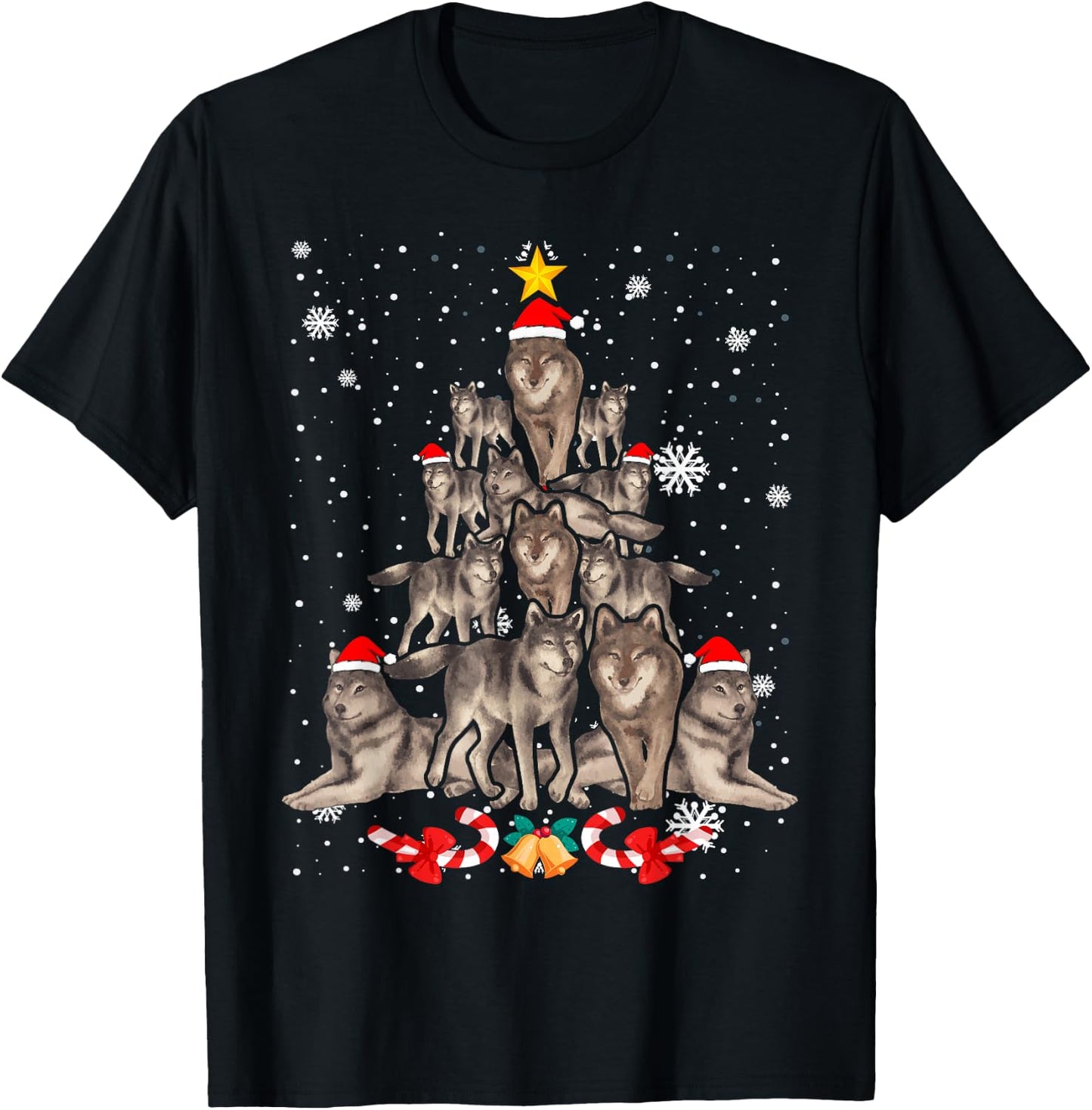 Wolfs Tree Christmas Sweater Xmas Pet Animal Wolf Lover T-Shirt - T-Shirt | Black