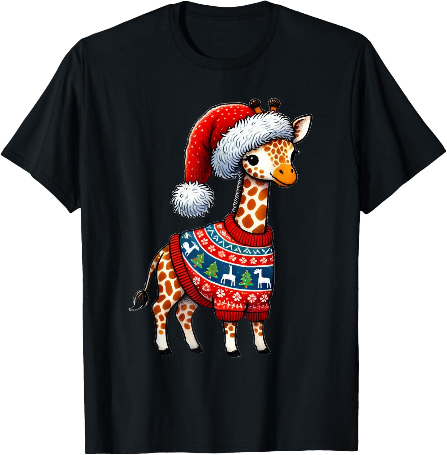 Giraffe Ugly Sweater Santa Hat Christmas T-Shirt - T-Shirt | Black