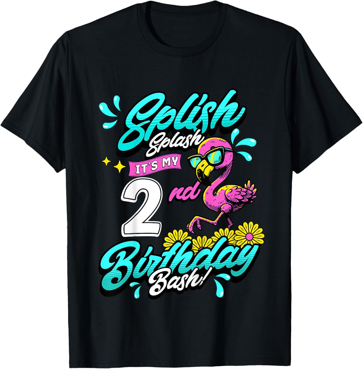 Kids Splish Splash 2nd Birthday Flamingo Pool Party 2 Years Old T-Shirt - T-Shirt | Black