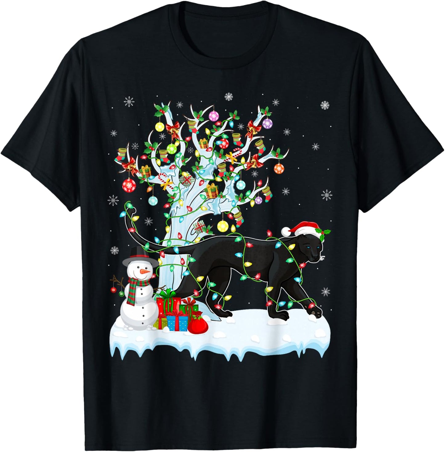 Panther Xmas Lighting Tree Santa Hat Panther Christmas T-Shirt - T-Shirt | Black