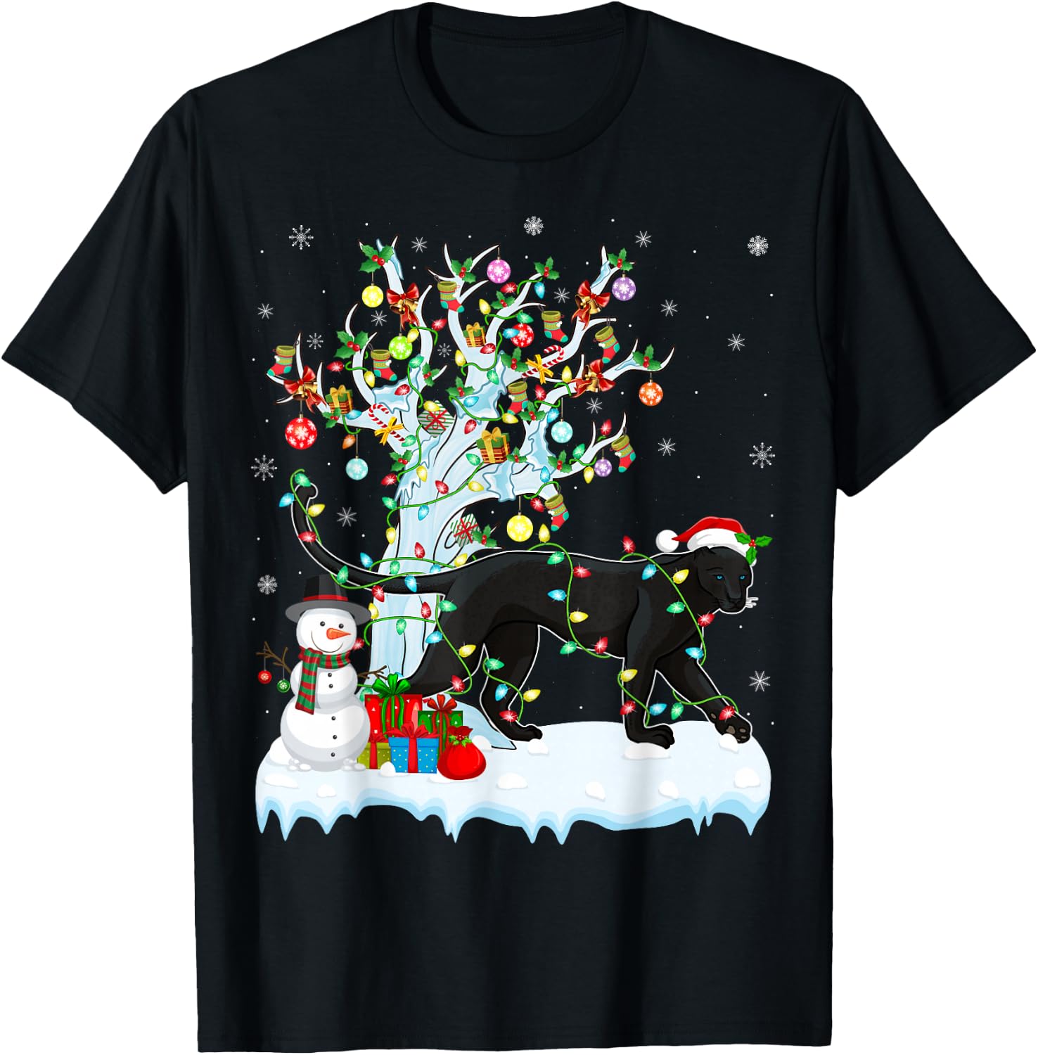 Panther Xmas Lighting Tree Santa Hat Panther Christmas T-Shirt - T-Shirt | Black