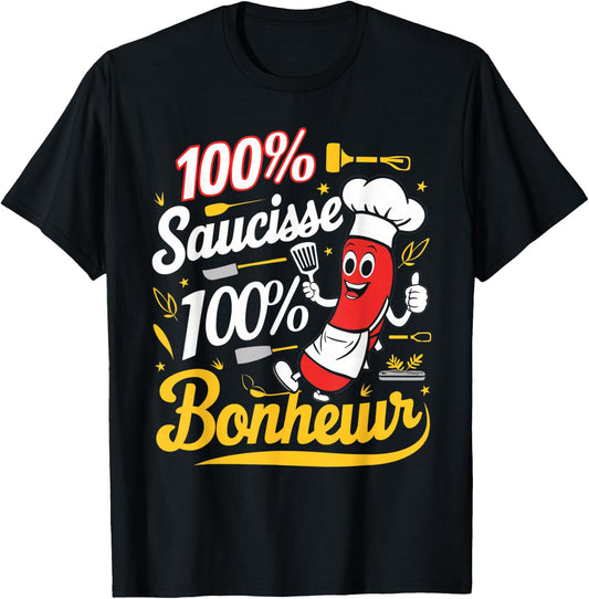 100% Sausage Happiness Gift Barbecue Beauf Humor Meat , Blue, S T-Shirt - T-Shirt | Black