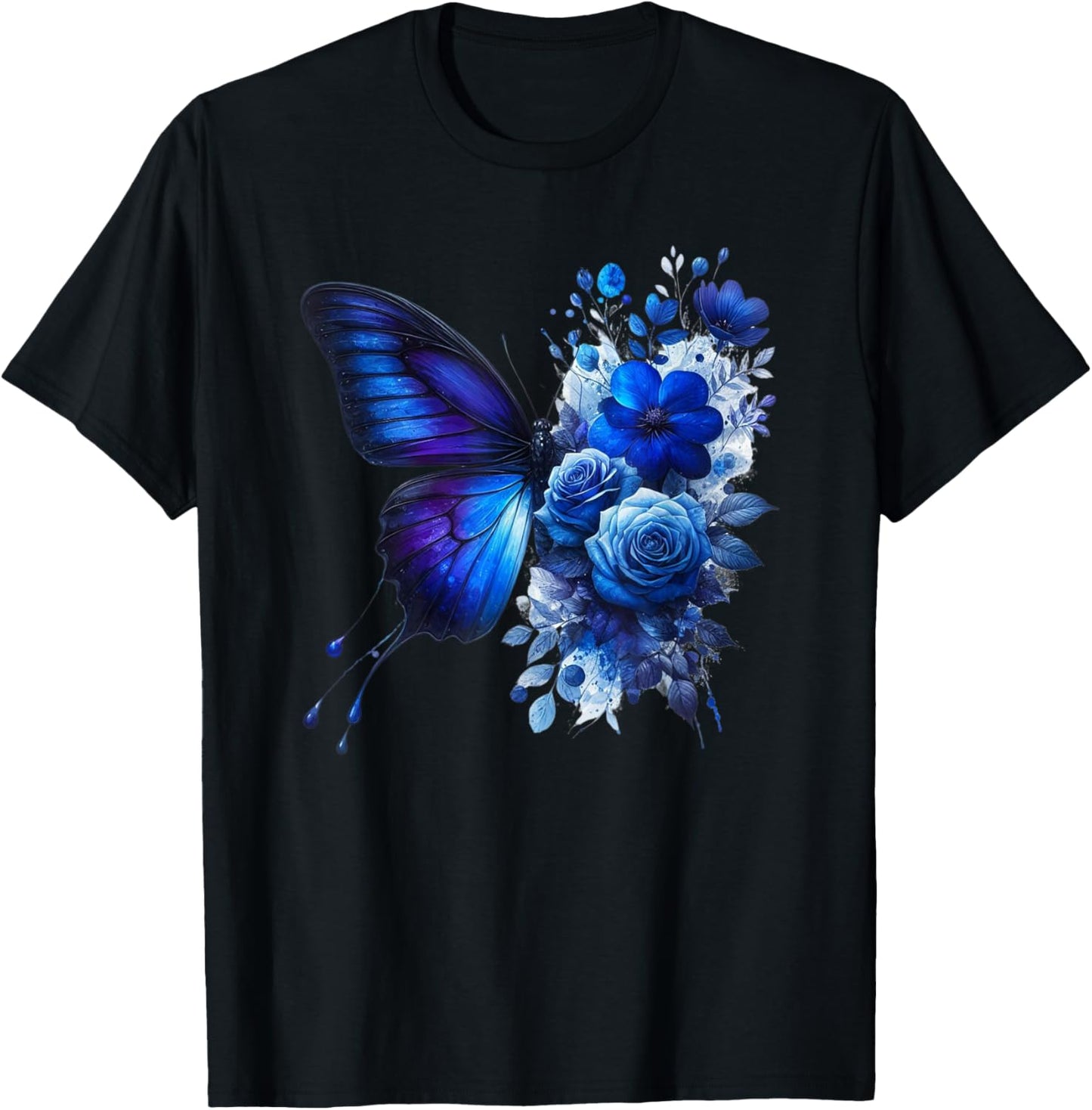 Butterfly Flowers Floral Vintage Butterflies Mom Blue Roses T-Shirt - T-Shirt | Black