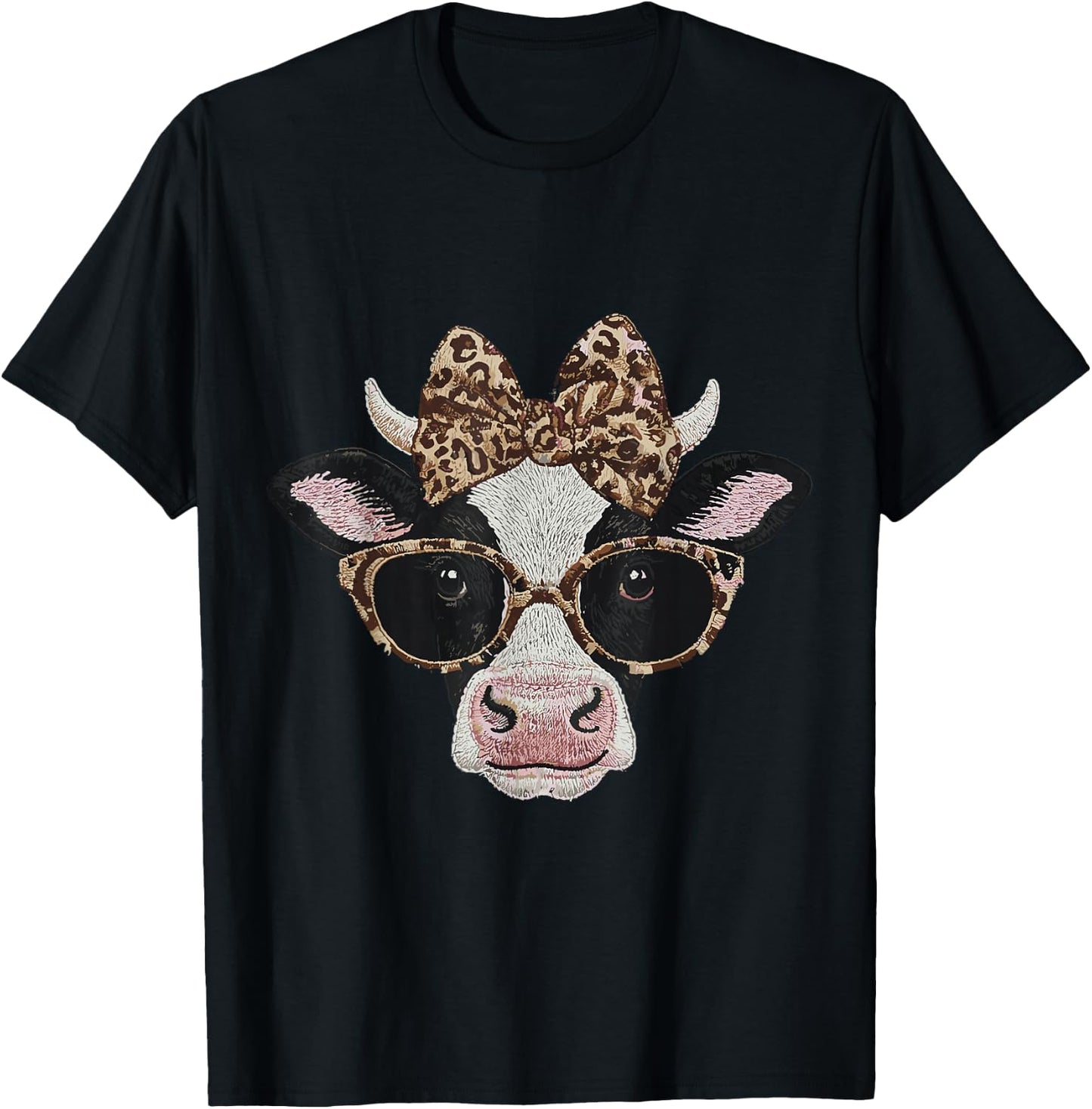 Cute Nerdy Leopard Bow Cow Funny Farm Animal Women T-Shirt - T-Shirt | Black