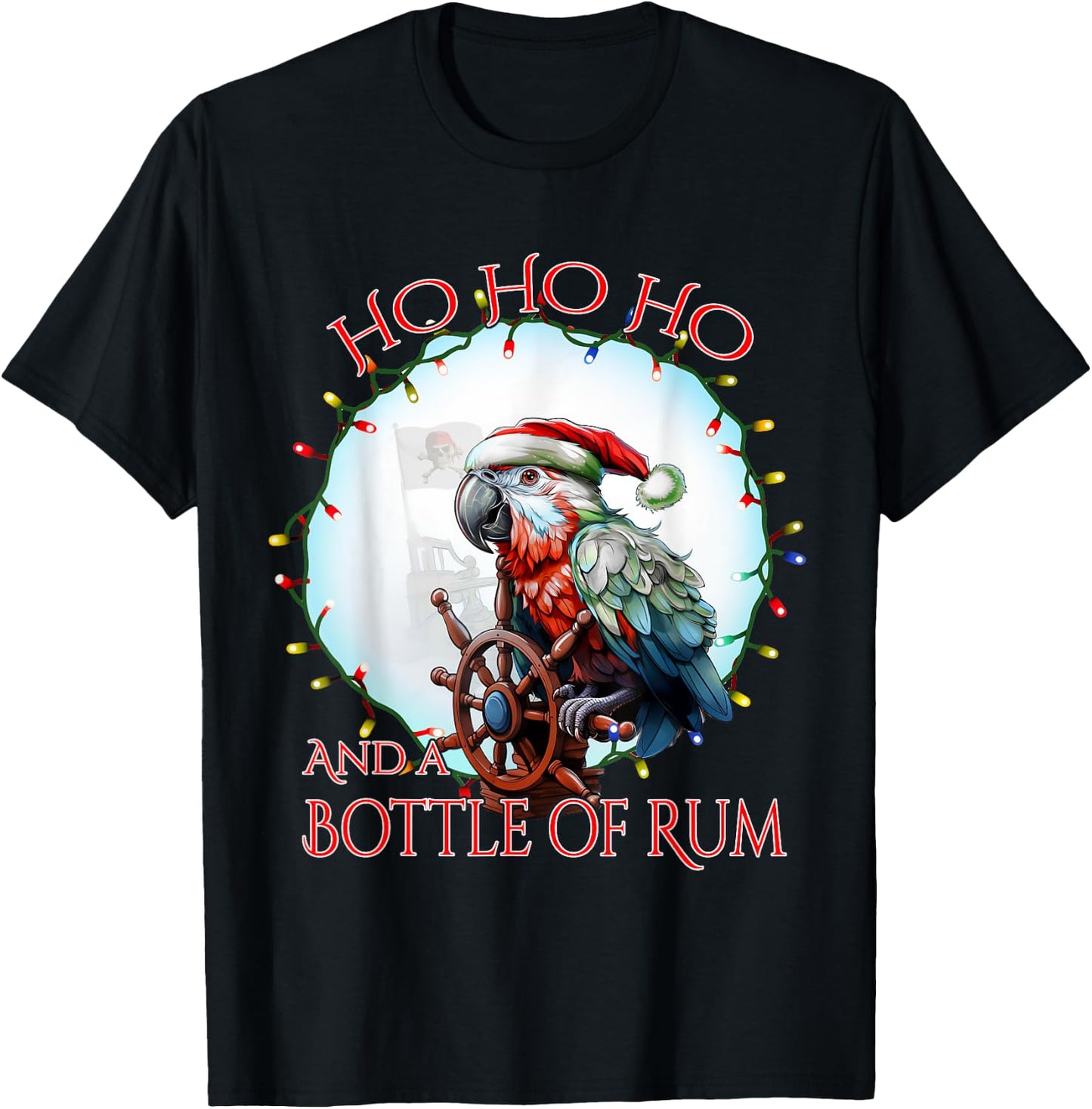 Funny Santa Pirate Parrot Ho Ho Ho Bottle of Rum T-Shirt - T-Shirt | Black