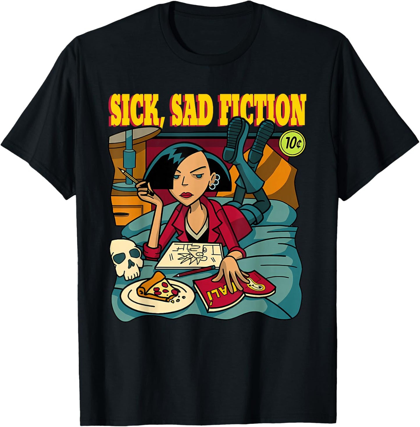 Sick Sad Fiction -Adults Black Modern Humorous Cartoon T-Shirt - T-Shirt | Black
