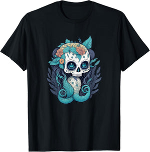 Sugar Skull Mermaid, Ocean Lover (Dia De Los Muertos) T-Shirt - T-Shirt | Black