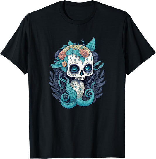Sugar Skull Mermaid, Ocean Lover (Dia De Los Muertos) T-Shirt - T-Shirt | Black
