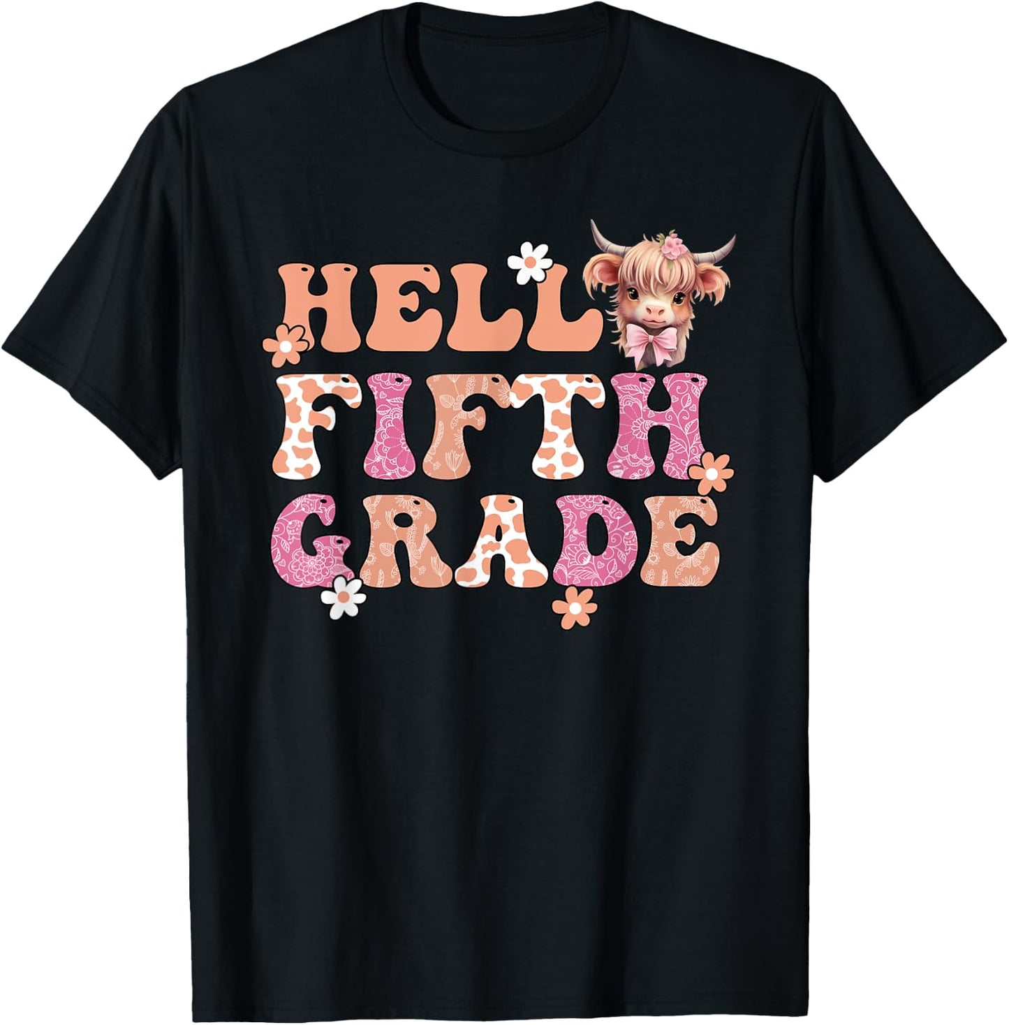 Hello Fifth Grade Highland Cow Back To School 5th Grade T-Shirt - T-Shirt | Black