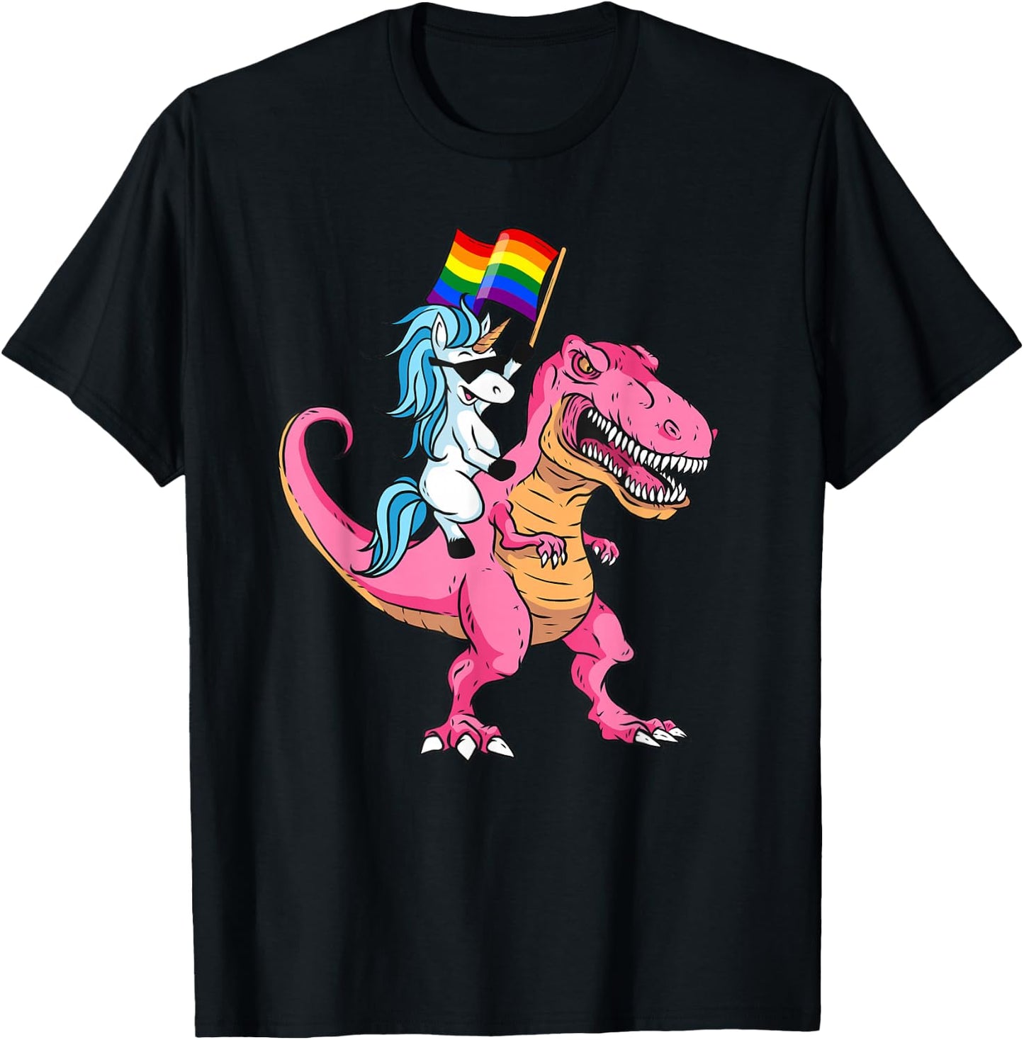 Unicorn Riding Dinosaur Pride Flag LGBTQ Lesbian Gay Pride T-Shirt - T-Shirt | Black