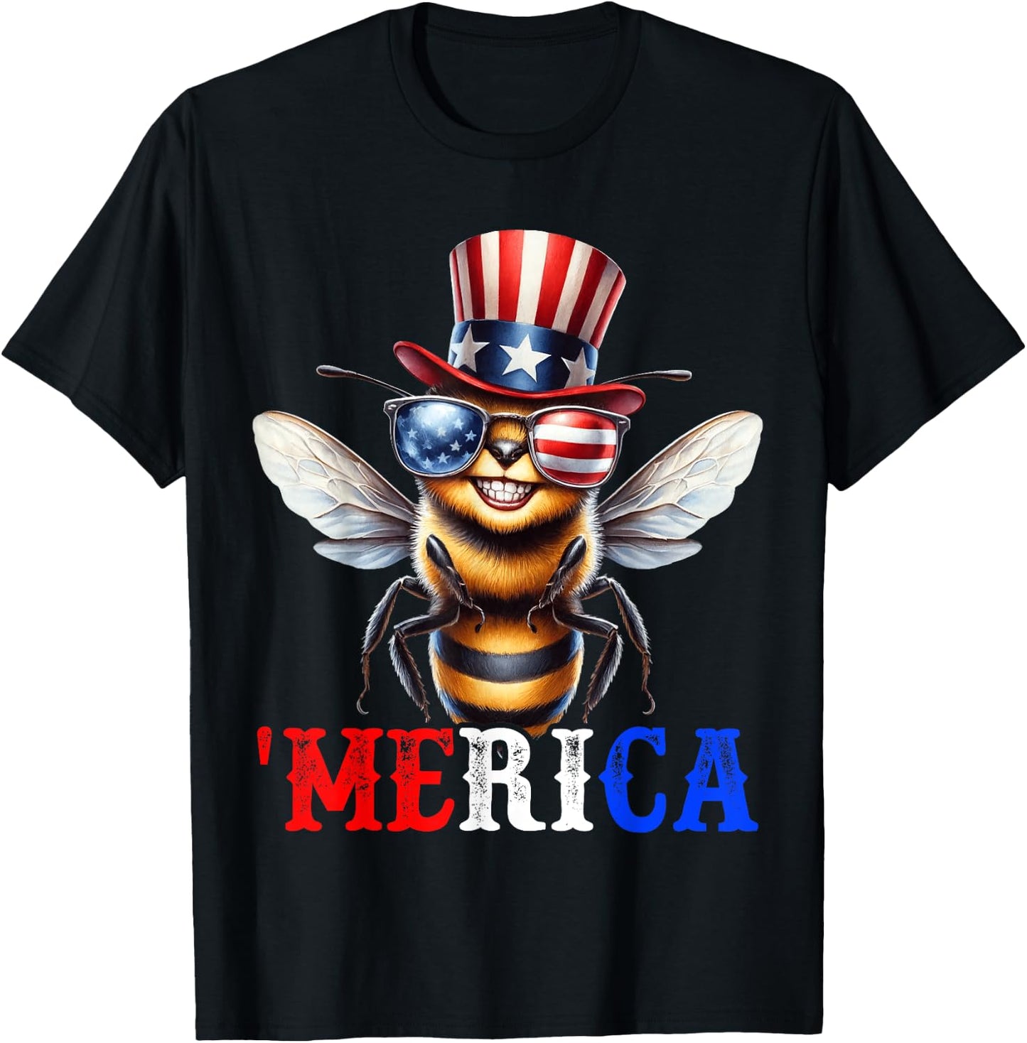 Merica Bee Patriotic 4th of July Beekeeper Funny Men Women T-Shirt - T-Shirt | Black