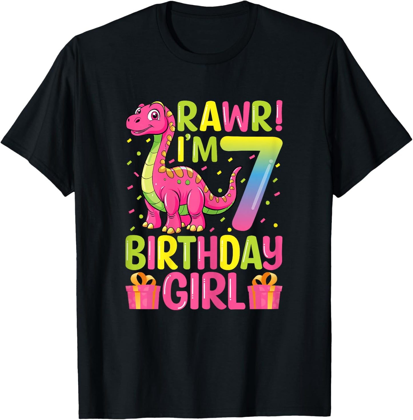 Rawr I'm 7 Birthday Girl Dinosaur T-Rex 7th Birthday Party T-Shirt - T-Shirt | Black