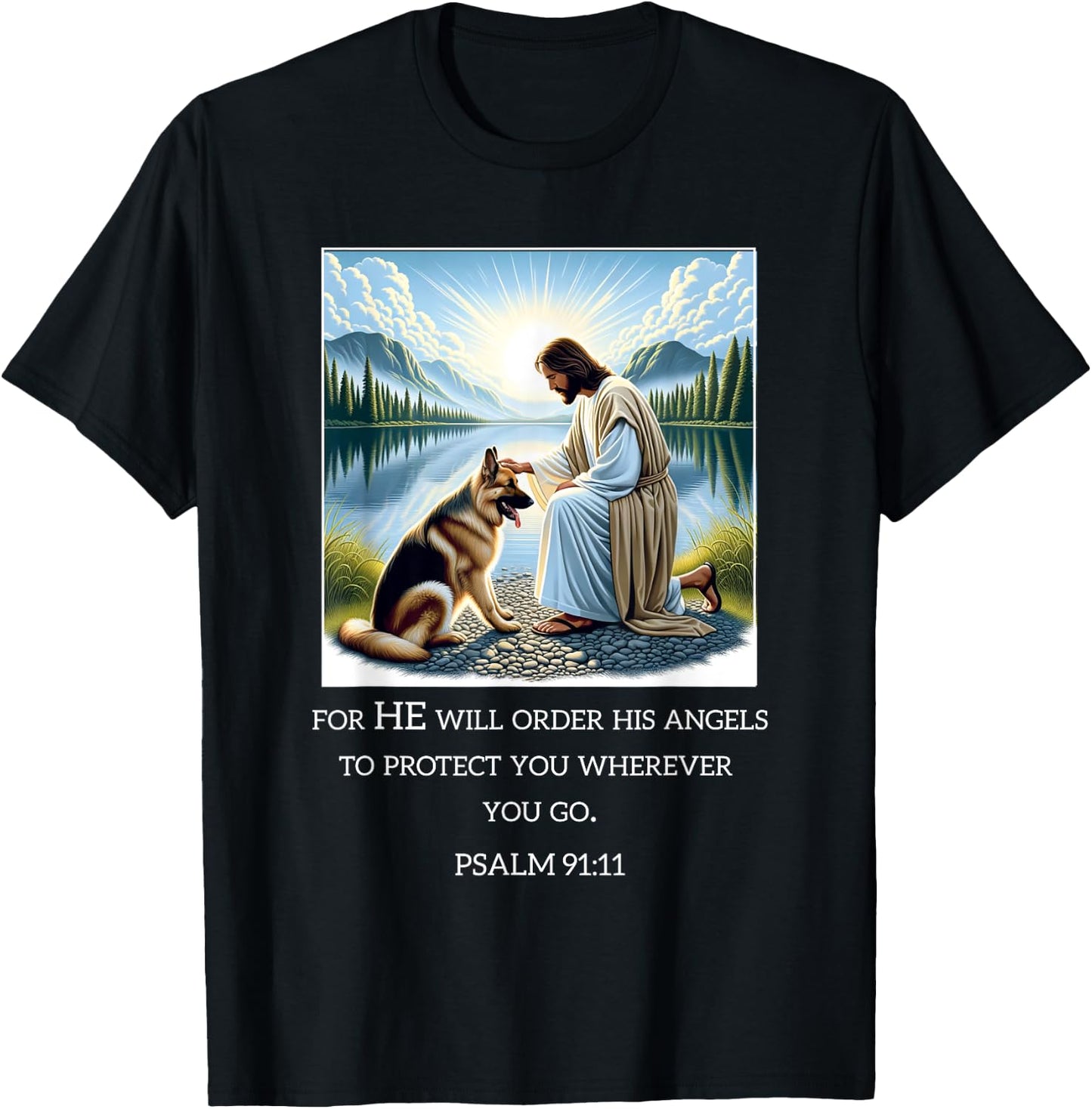 Jesus with Dogs Psalm 99 11- Jesus and a German Shepherd T-Shirt - T-Shirt | Black