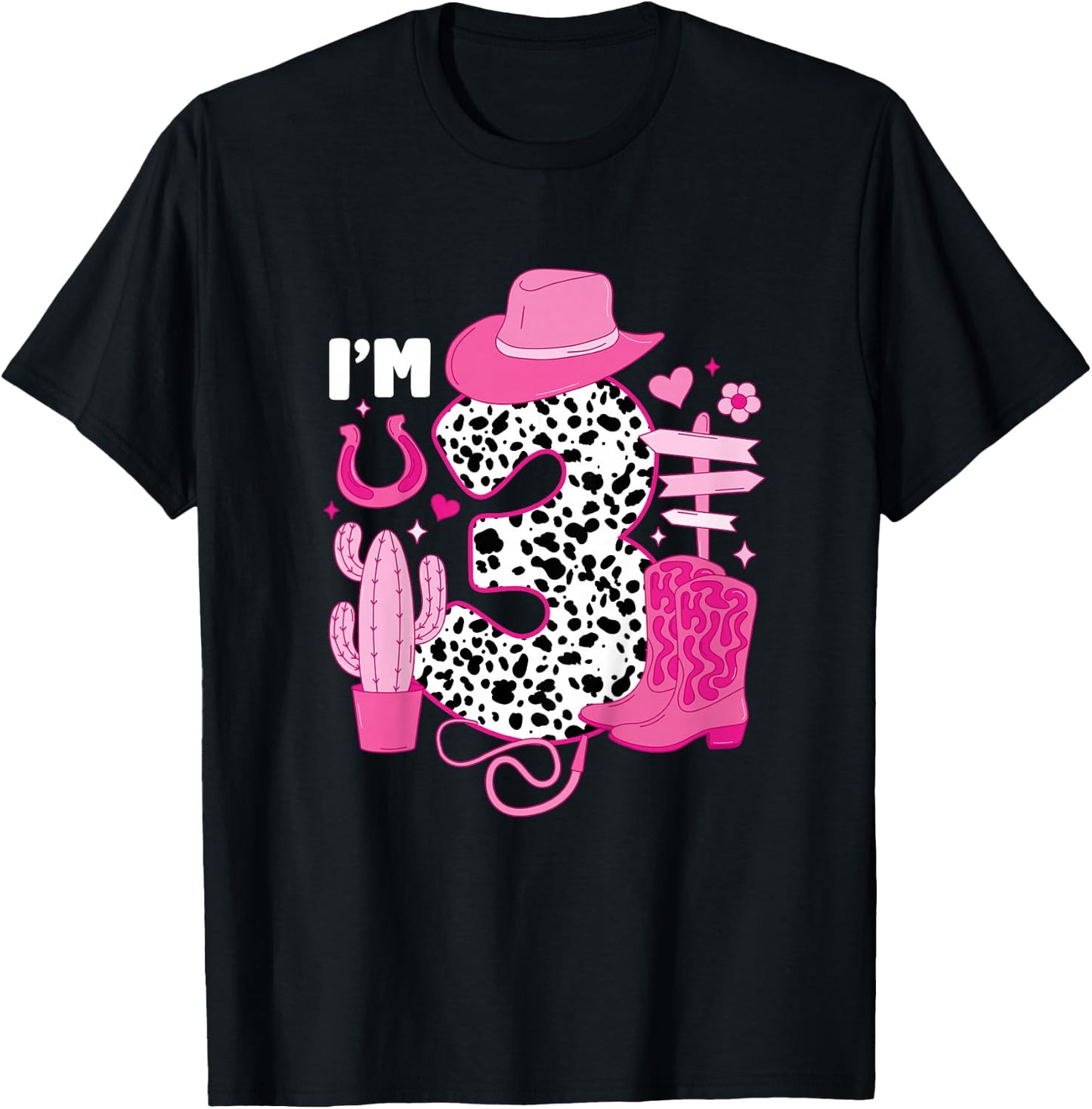 Kids 3rd Birthday Cowgirl Three Year Old Cow Girl Birthday Party T-Shirt - T-Shirt | Black
