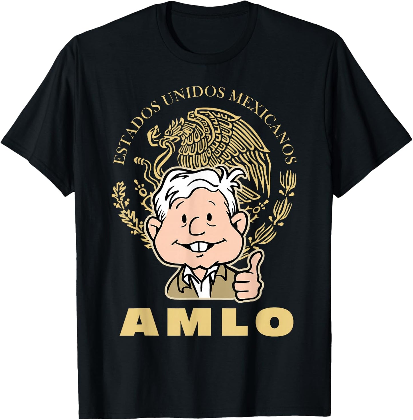 AMLO President With Mexican Escudo Nacional Amlito Cartoon T-Shirt - T-Shirt | Black