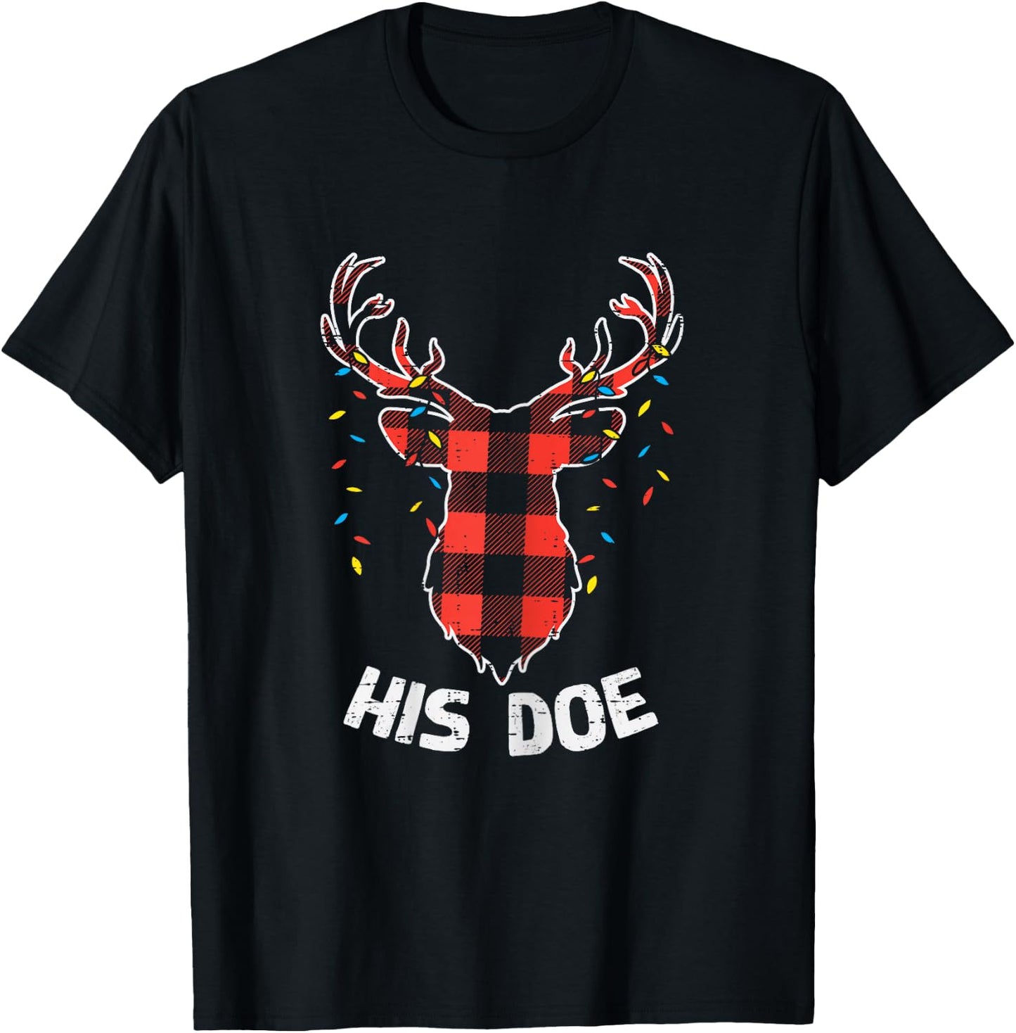 Plaid Reindeer His Doe Matching Christmas Couple Women PJ T-Shirt - T-Shirt | Black