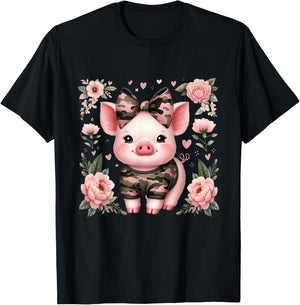 Cute Pig Camouflage Old Camo Bow Camo Coquette Bow Hunting T-Shirt - T-Shirt | Black