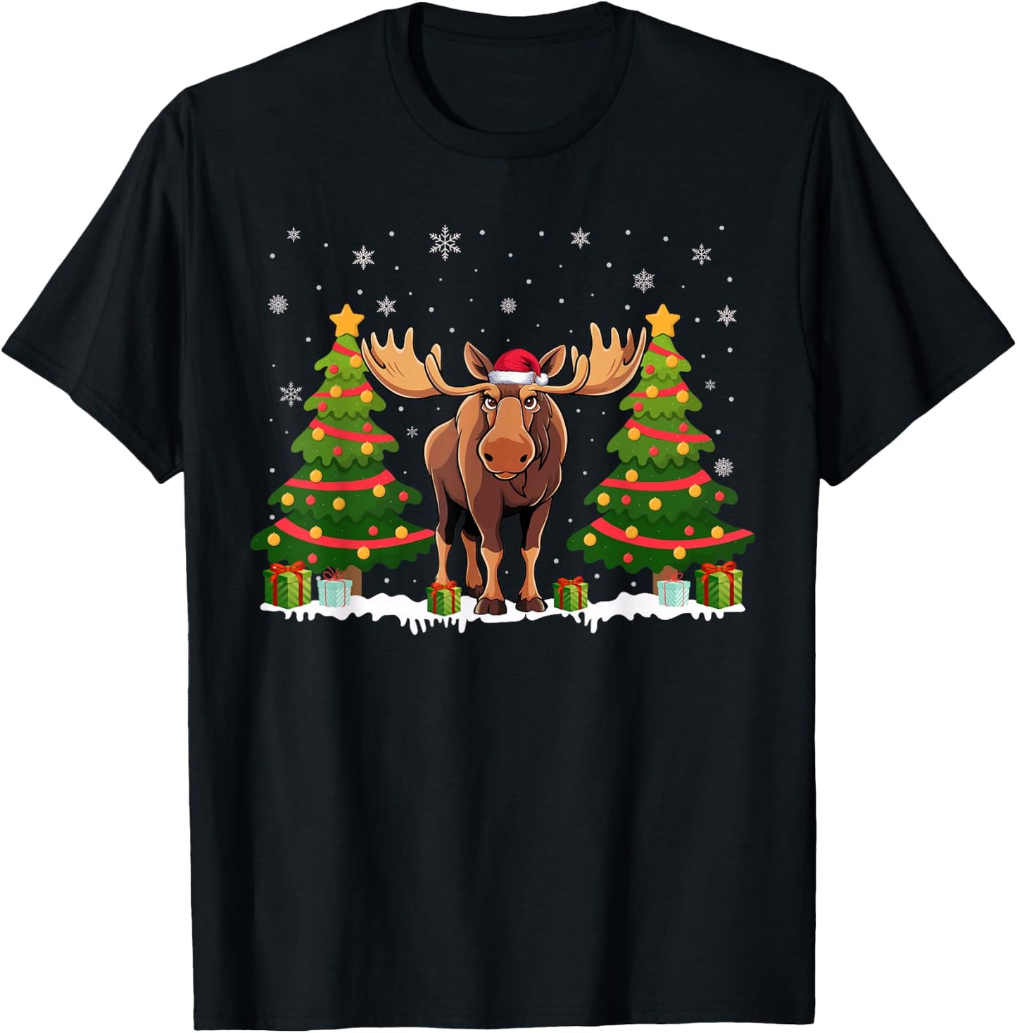 Xmas Tree Lights Moose Santa Hat Christmas Sweater T-Shirt - T-Shirt | Black